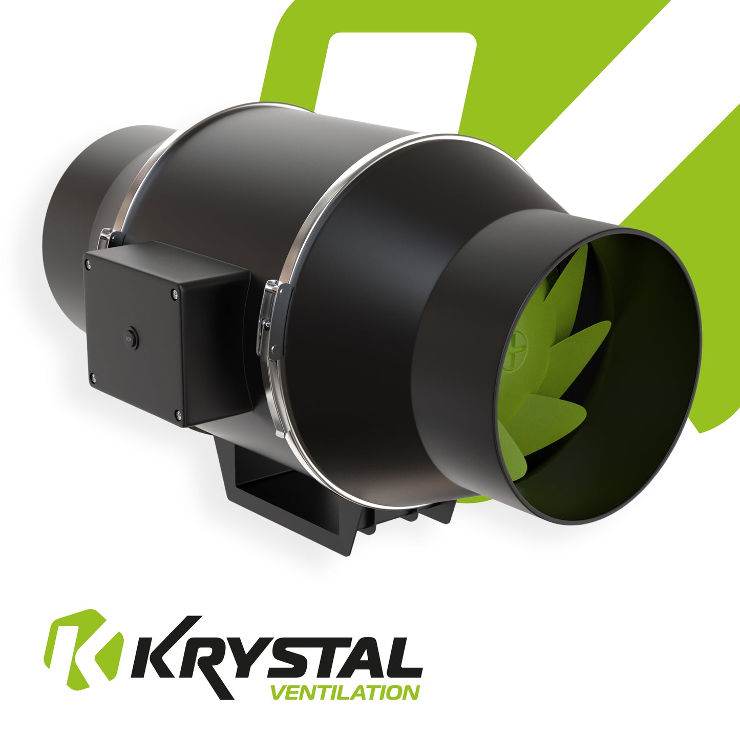 Black duct fan with green accents on a white background, featuring the Krystal Ventilation logo.