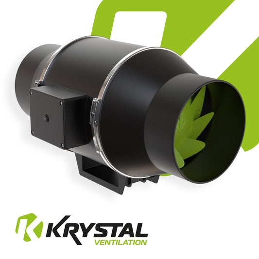 Black duct fan with green accents on a white background, featuring the Krystal Ventilation logo.