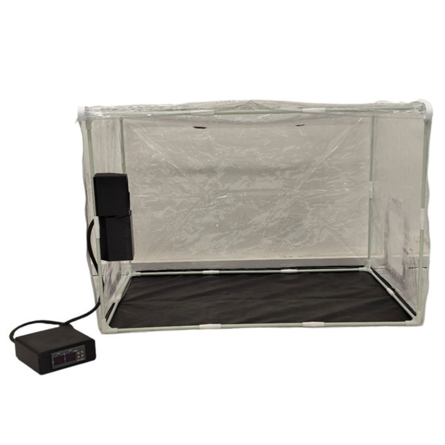An automated monotub system for mushroom cultivation with temperature and humidity control, including a humidifier, sensors, and a large monotub container.