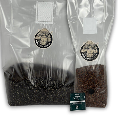Two clear plastic grow bags filled with dark substrate, shown on a white background. One large bag contains black substrate and one smaller bag contains brown milo grain.