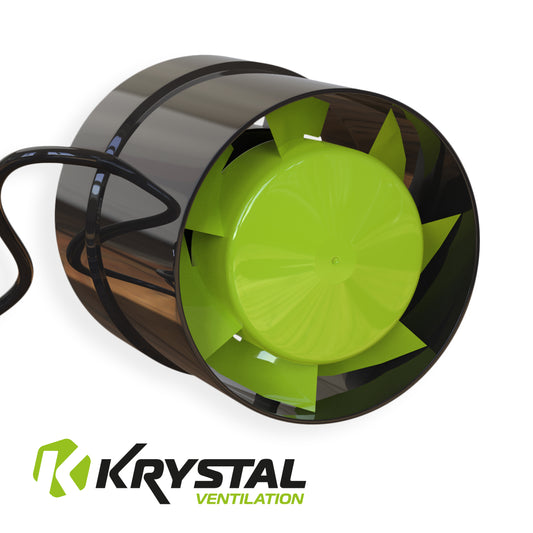 Green fan with black casing on a white background, featuring Krystal Ventilation logo.