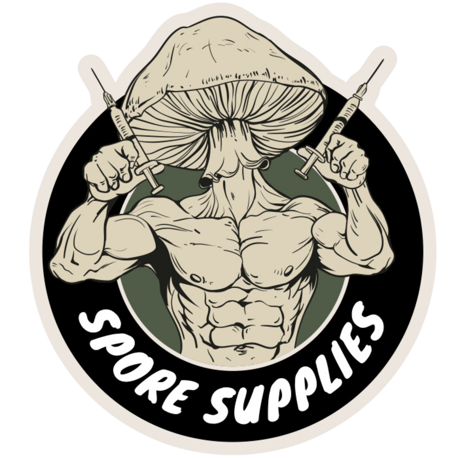 magic myc spore supplies logo, mushroom man holding liquid culture syringes