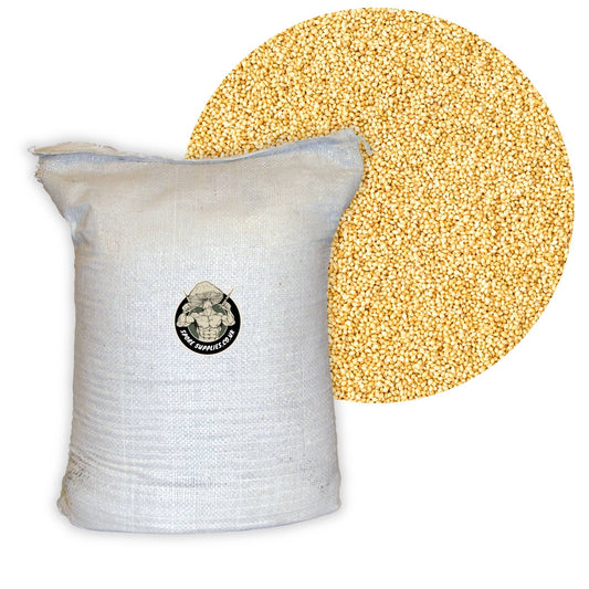 White bag of white millet grain seeds with a circular inset showing a close-up of the white millet grain seeds on a white background