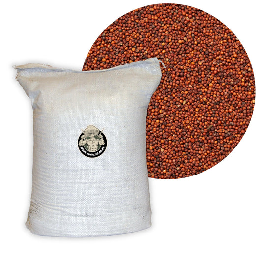 White bag of red dari milo grain  seeds with a close-up of the red dari milo grain seeds on a white background