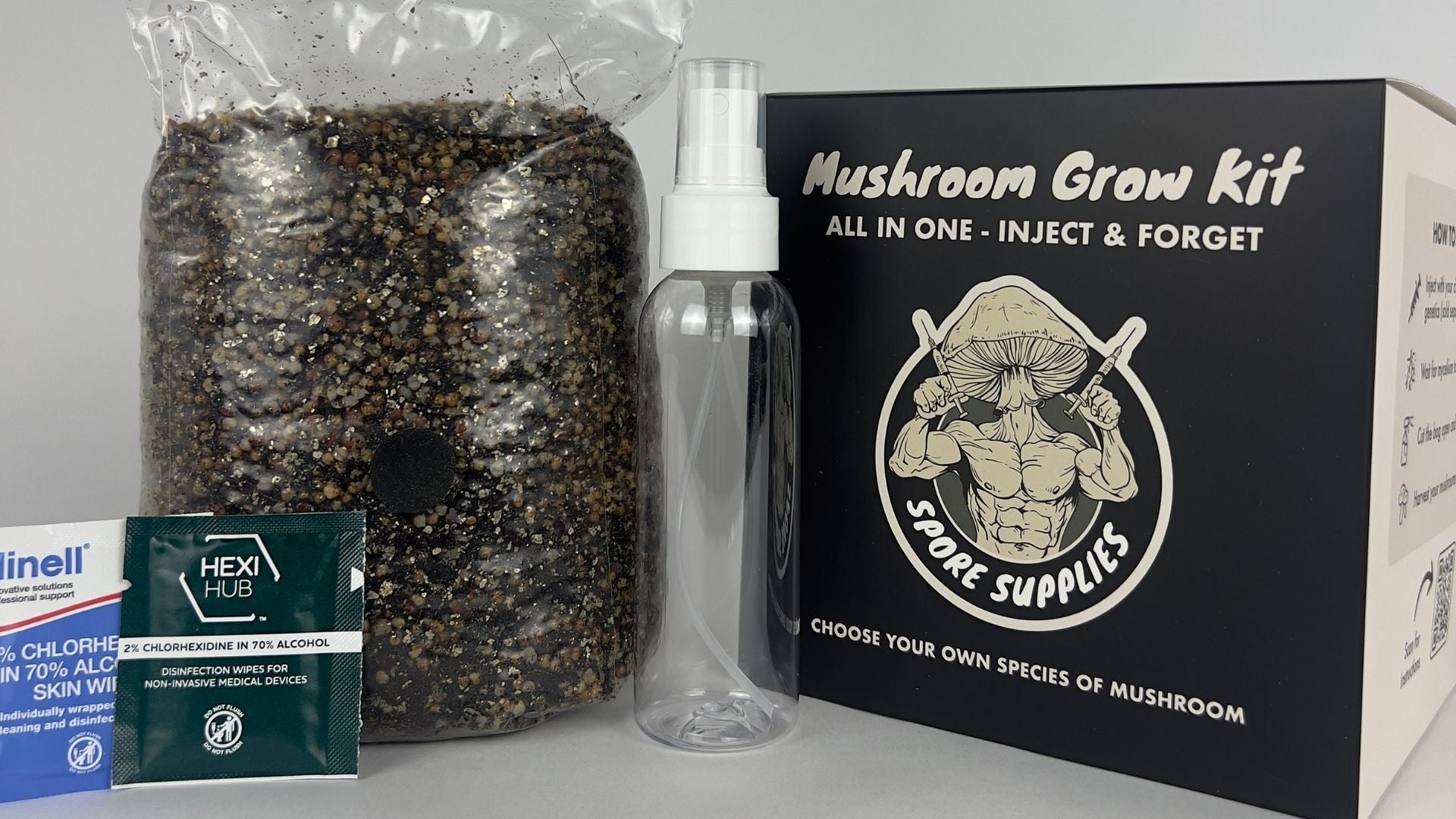 all in one mushroom grow kit with isopropyl wipes, spray bottle, spore supplies packaging