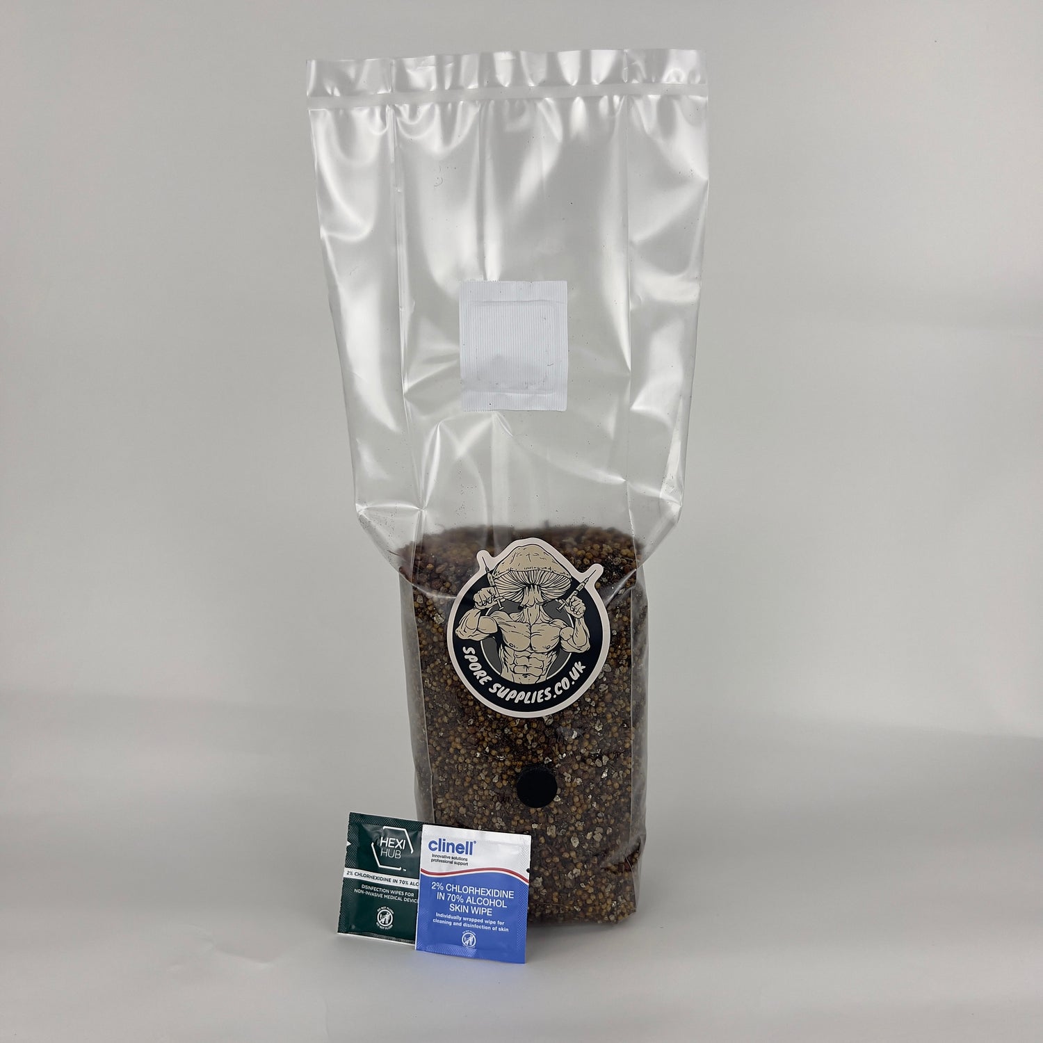 sterile bag of all in one substrate and grain mix for mushroom cultivation by spore supplies