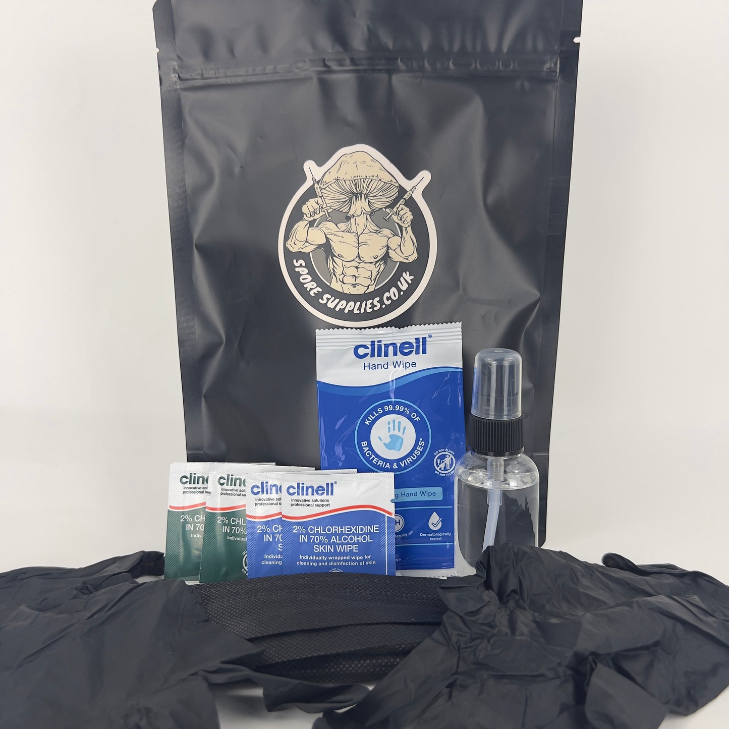 an aspetic technique kit for mushroom growing, hand wipe, skin wipes, surface wipes, isopropyl spray bottle, gloves and mask