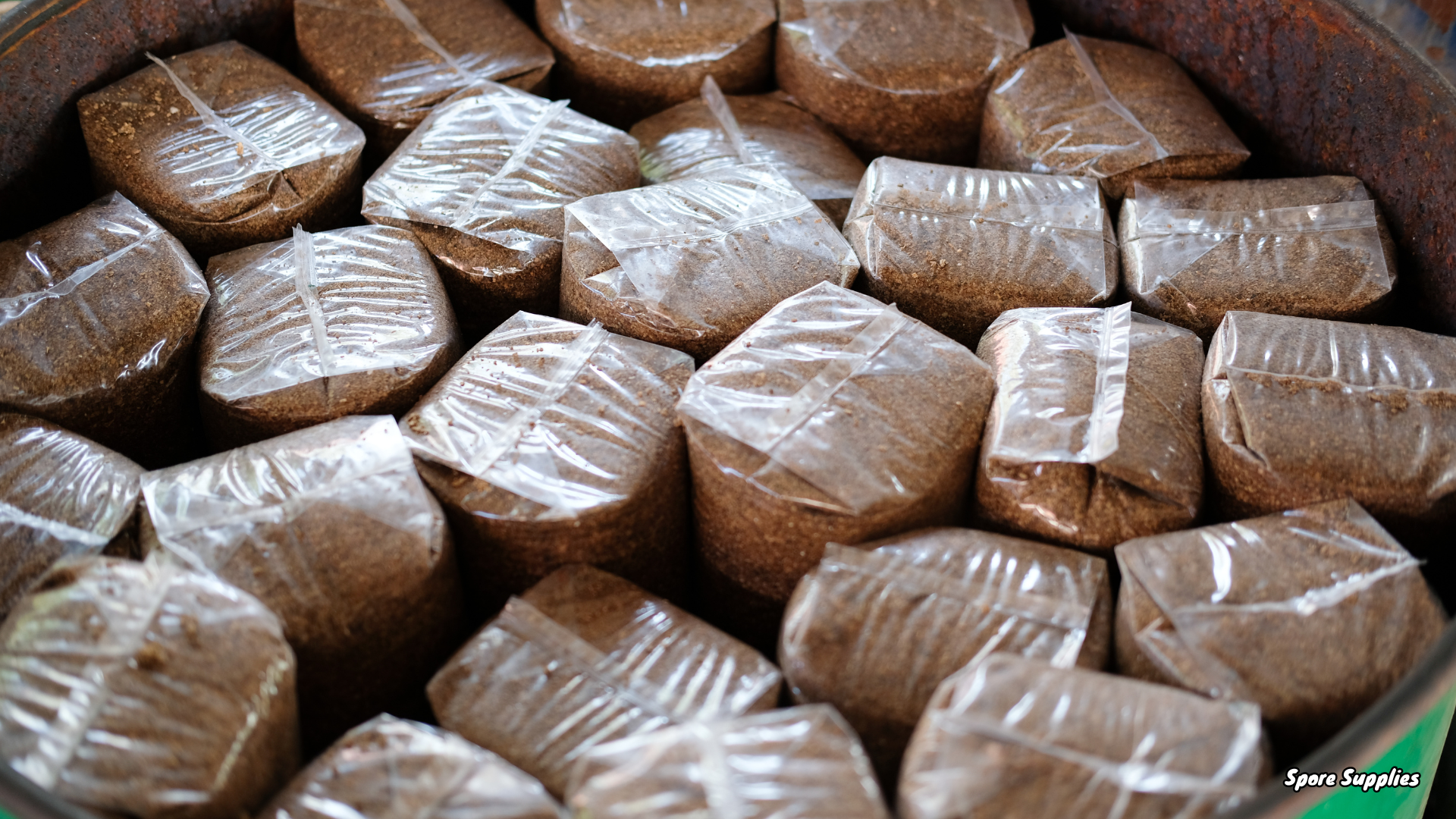 bulk mushroom substrate blocks in sterilisation barrel