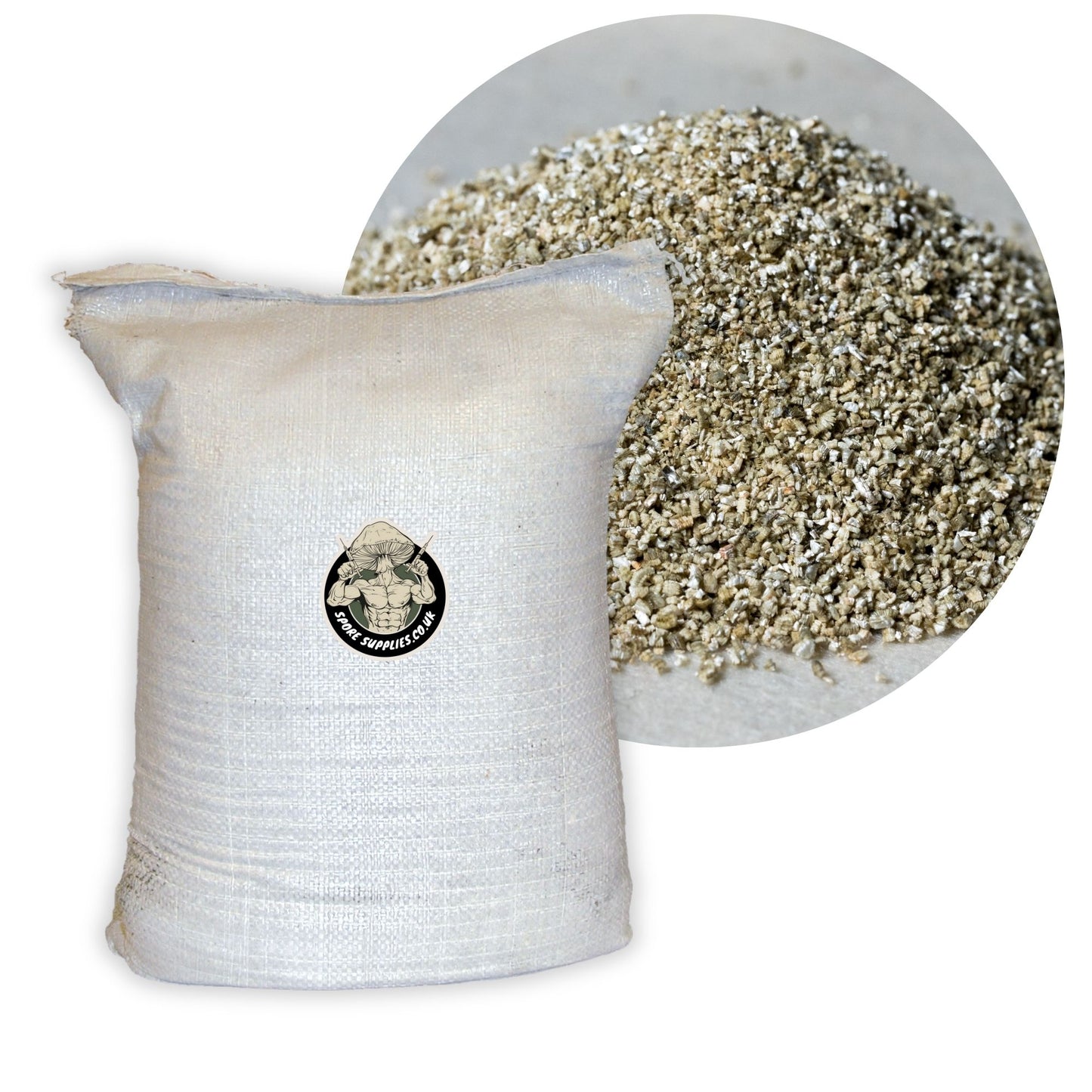 white bag filled with mushroom cultivation grade fine vermiculite, with a close up of the vermiculite inside
