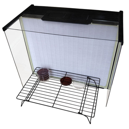 XL Laminar Flow Hood for mushroom cultivation with HEPA filtration, acrylic side and top shields, a work rack, and a pre-filter visible.